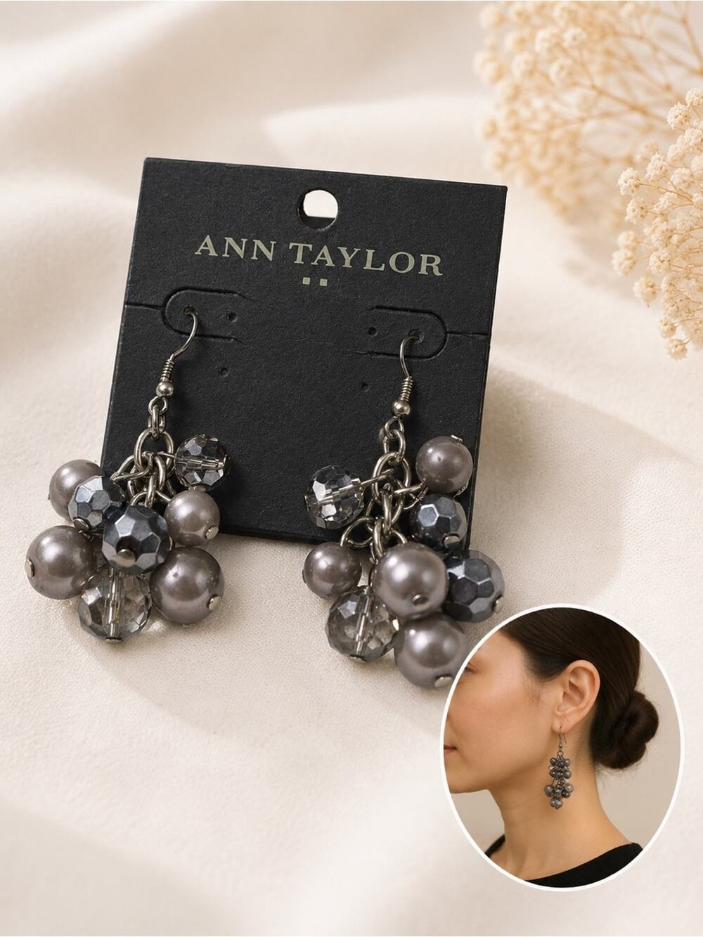 Ann Taylor Gray Pearl Crystal Beaded Cluster Dangle Earrings Silver Statement